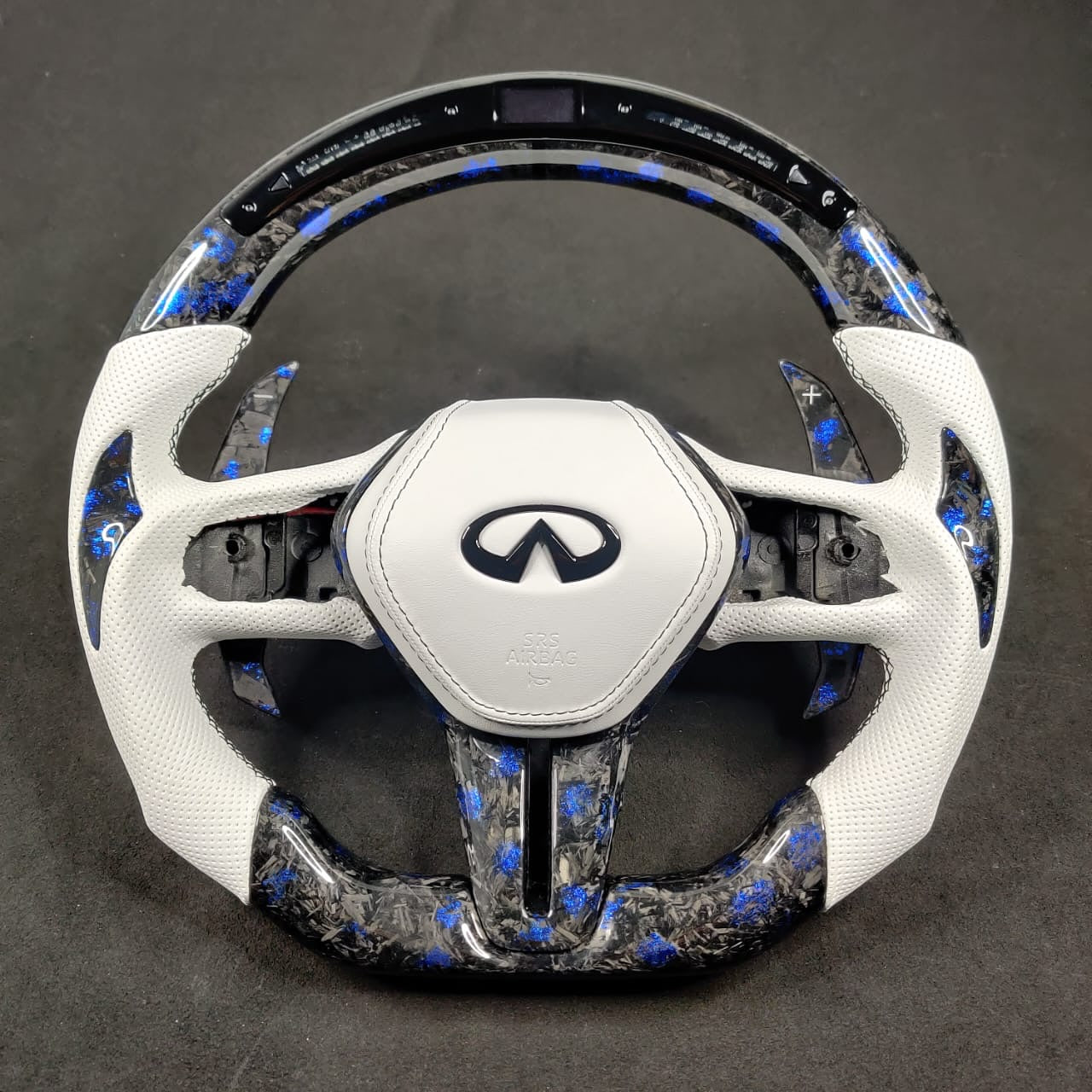 Infiniti Q50 Forged Carbon Fiber LED Steering Wheel – White Leather | Blue Pearl Flake
