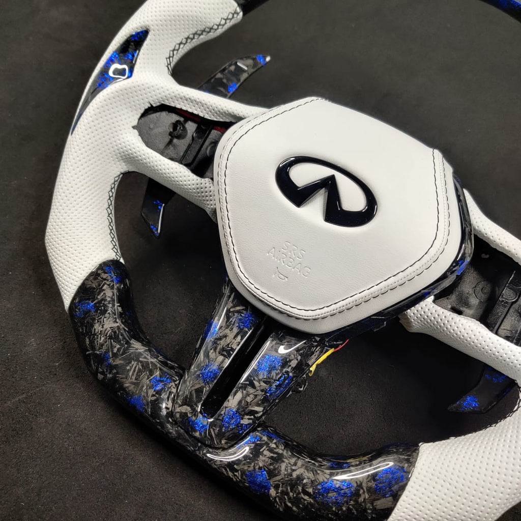 Infiniti Q50 Forged Carbon Fiber LED Steering Wheel – White Leather | Blue Pearl Flake