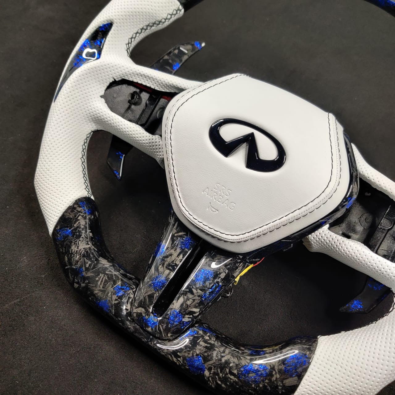 Infiniti Q50 Forged Carbon Fiber LED Steering Wheel – White Leather | Blue Pearl Flake