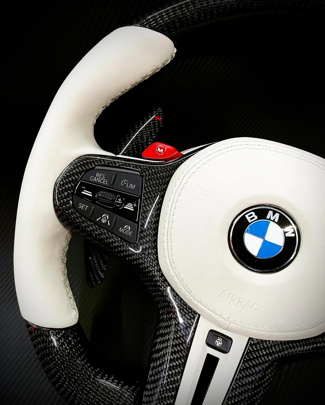 BMW G-Series M Performance Carbon Fiber Steering Wheel – White Leather | Gloss Carbon Fiber