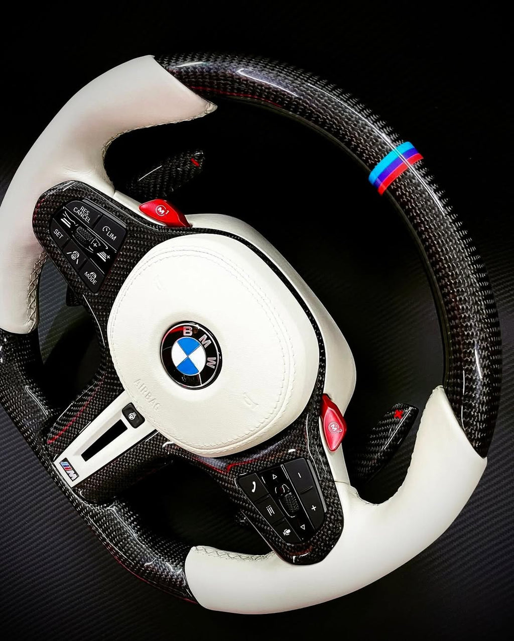 BMW G-Series M Performance Carbon Fiber Steering Wheel – White Leather | Gloss Carbon Fiber