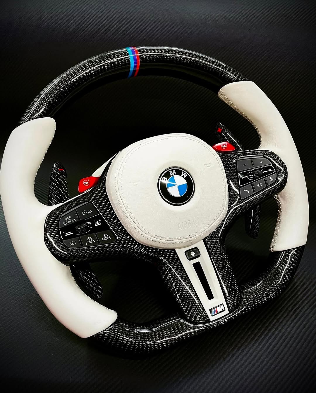 BMW G-Series M Performance Carbon Fiber Steering Wheel – White Leather | Gloss Carbon Fiber