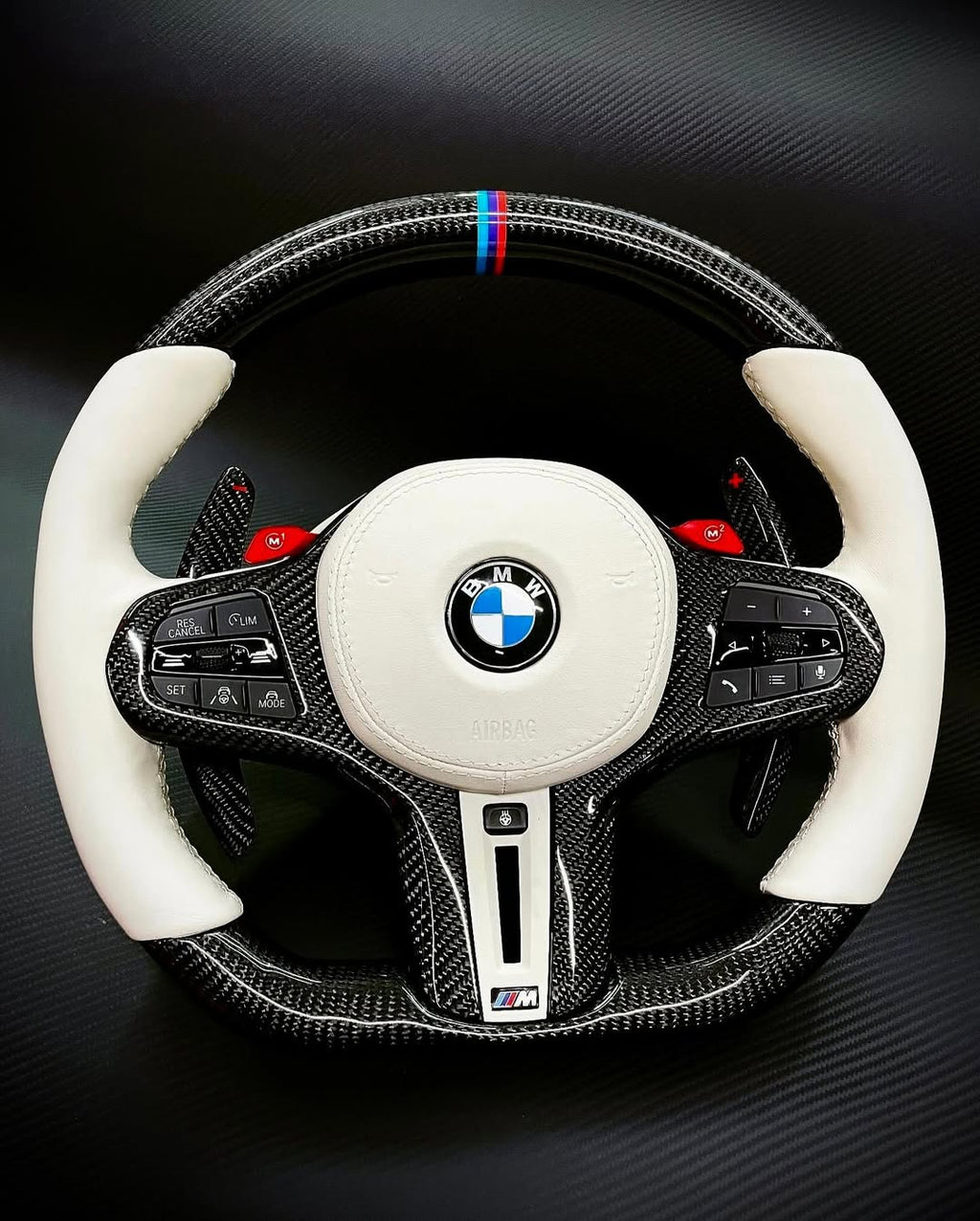 BMW G-Series M Performance Carbon Fiber Steering Wheel – White Leather | Gloss Carbon Fiber