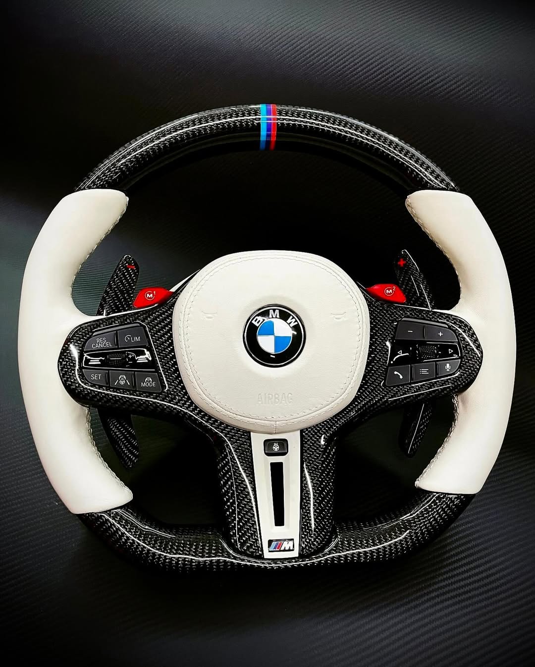 BMW G-Series M Performance Carbon Fiber Steering Wheel – White Leather | Gloss Carbon Fiber