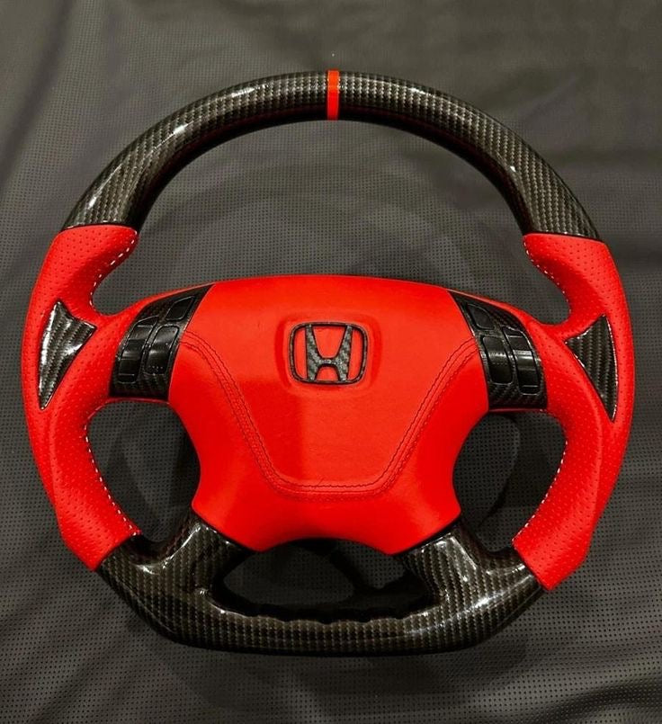2001–2008 Honda Odyssey / Accord / Civic Carbon Fiber Steering Wheel – Red Leather Flat-Bottom Sport Design