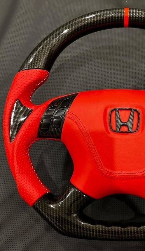 2001–2008 Honda Odyssey / Accord / Civic Carbon Fiber Steering Wheel – Red Leather Flat-Bottom Sport Design