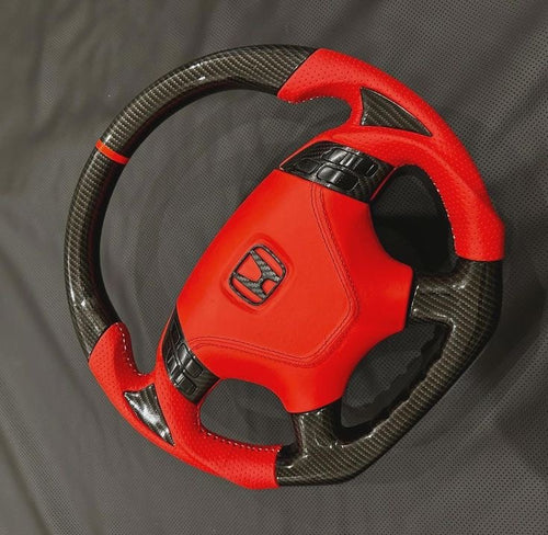 2001–2008 Honda Odyssey / Accord / Civic Carbon Fiber Steering Wheel – Red Leather Flat-Bottom Sport Design